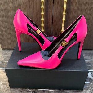 Versace Hot Pink Leather & Gold Medusa Pumps 9 NEW